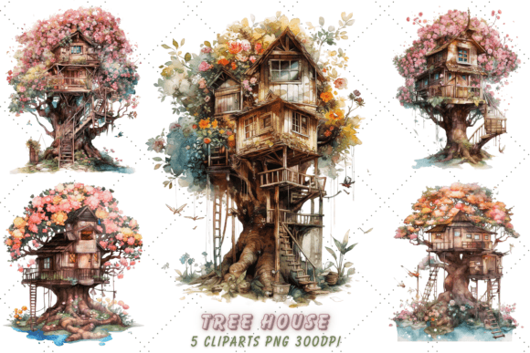 Cute Tree House Watercolor Clipart
