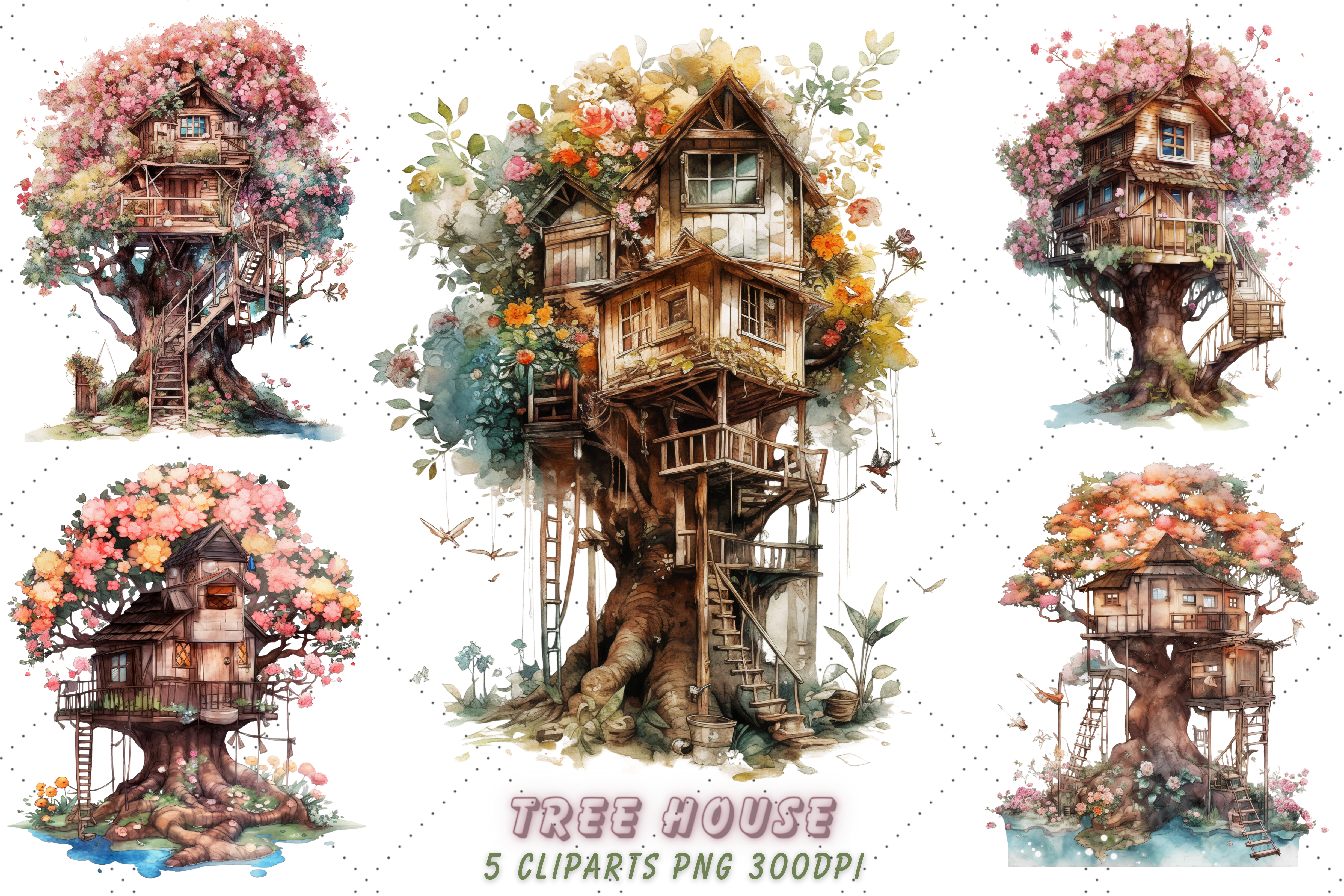 Cute Tree House Watercolor Clipart