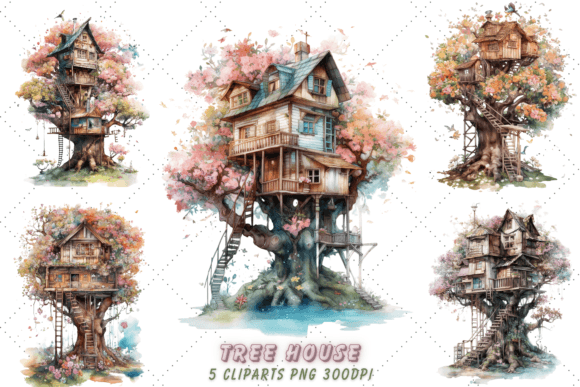 Flowers Tree House Watercolor Clipart