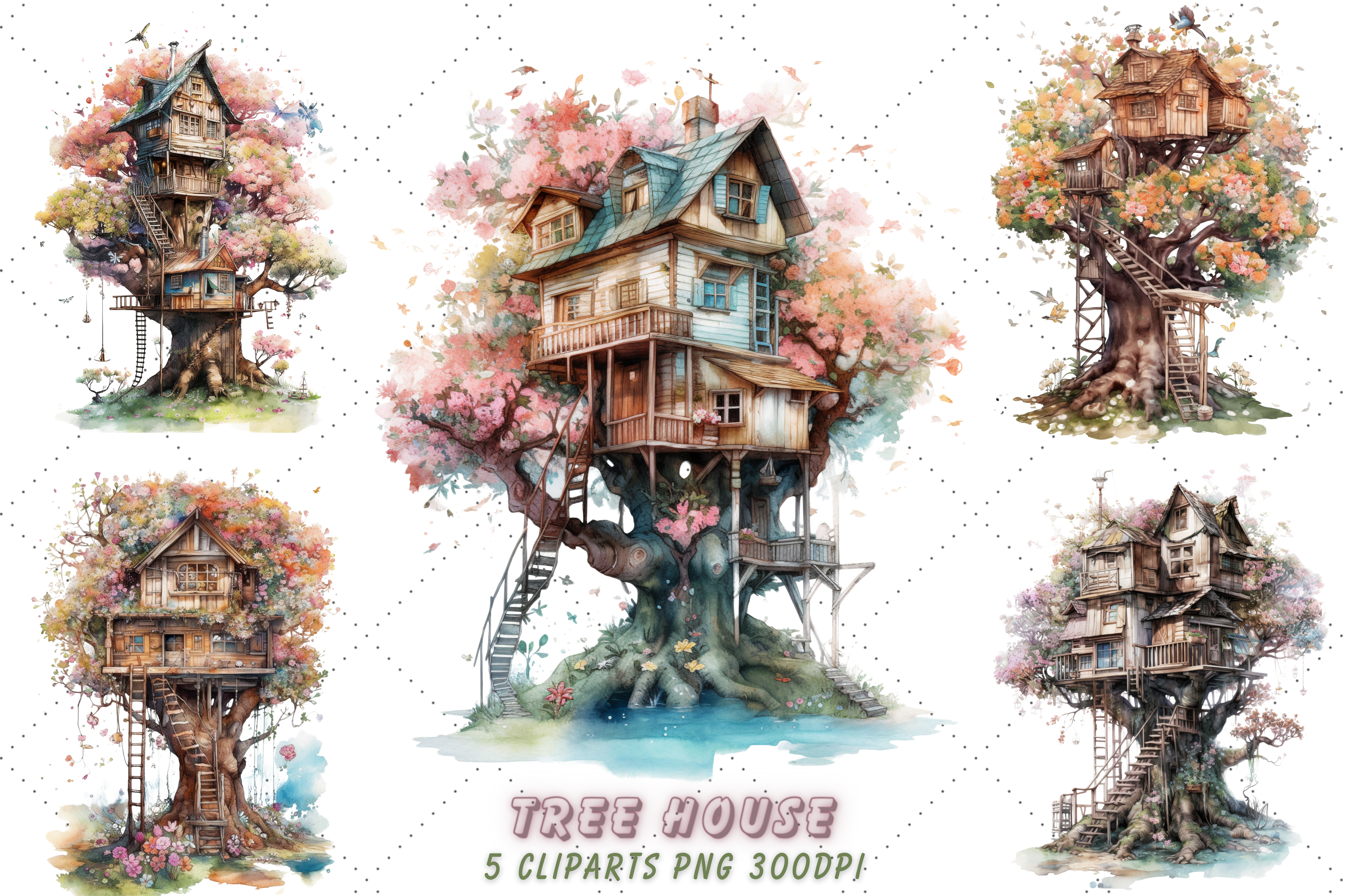 Flowers Tree House Watercolor Clipart