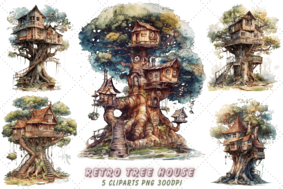 Retro Tree House Watercolor Clipart