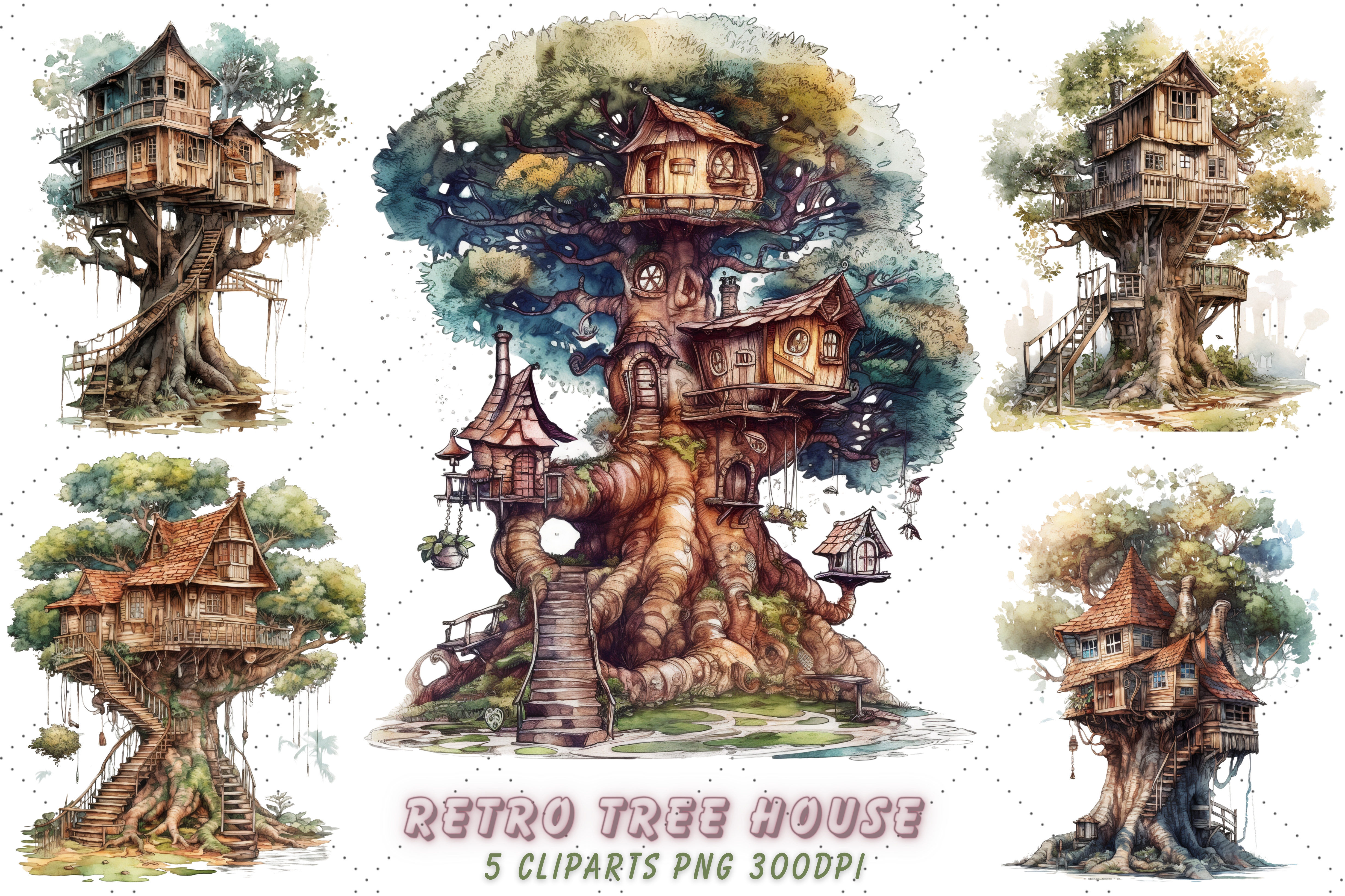 Retro Tree House Watercolor Clipart