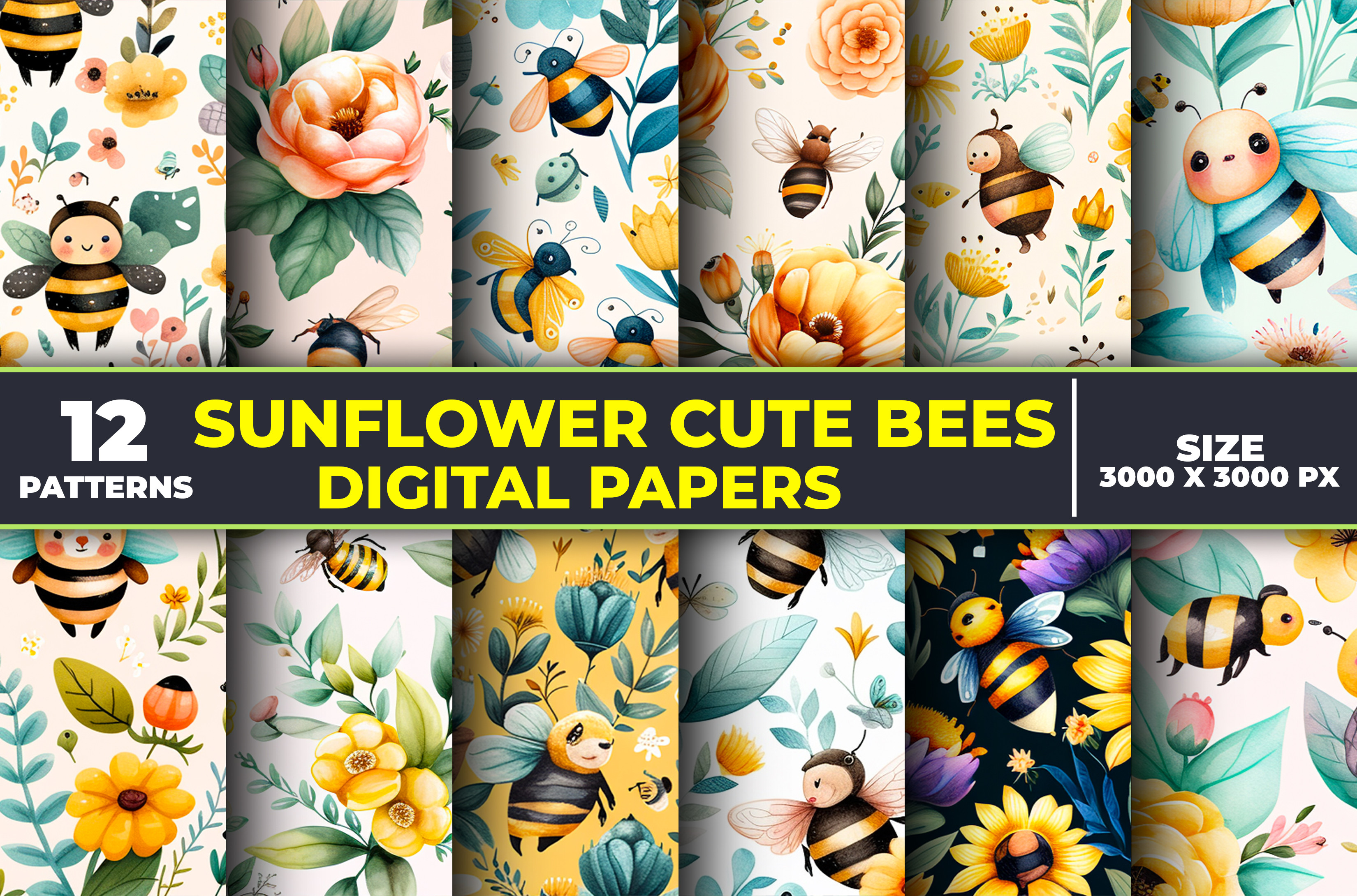 Sunflower Cute Bees Digital Paper Graphic by LaijuAkter · Creative Fabrica