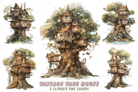 Vintage Tree House Watercolor Clipart