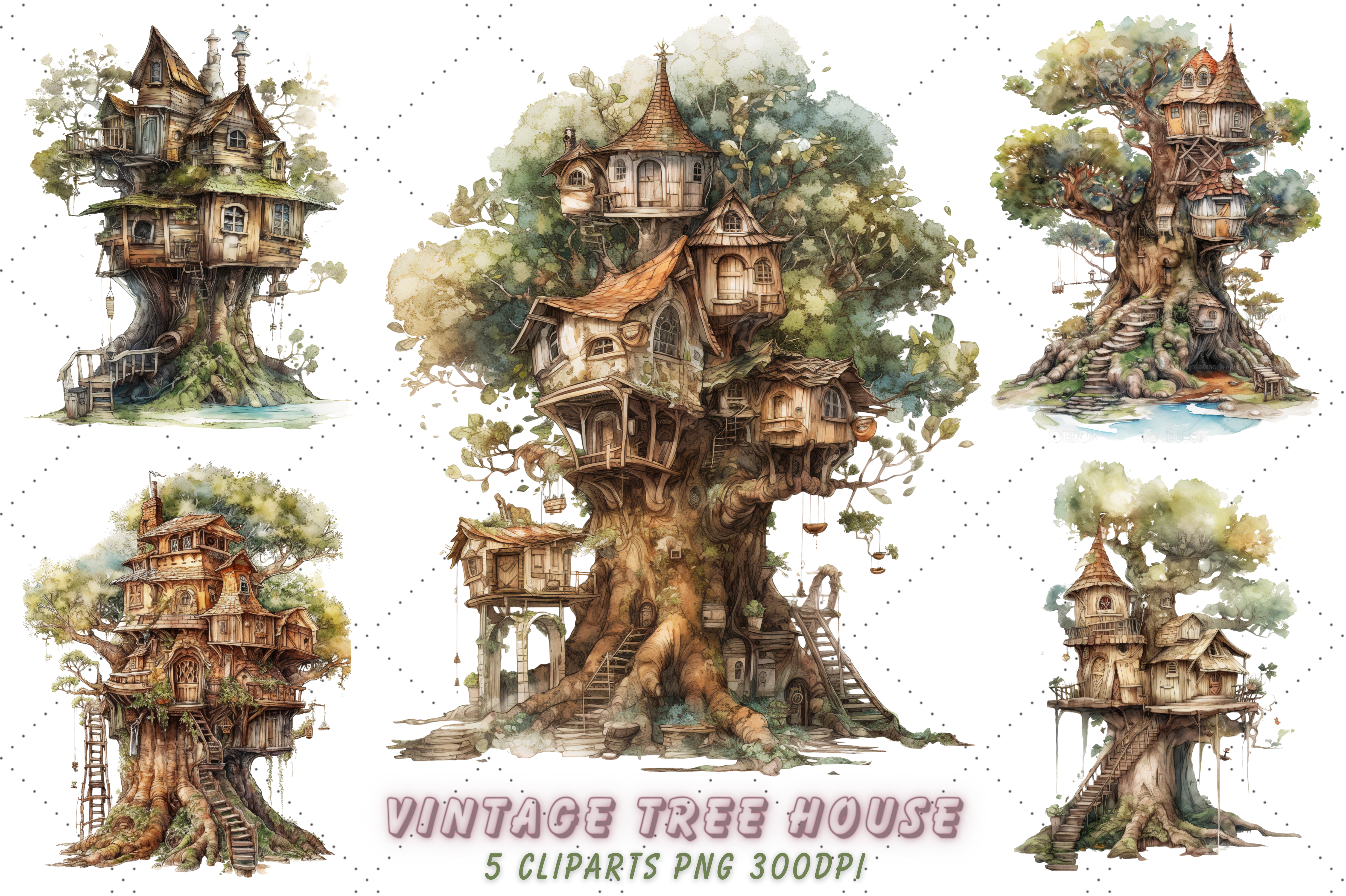 Vintage Tree House Watercolor Clipart