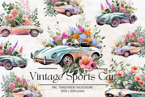 Vintage Sports Car Watercolor Clipart