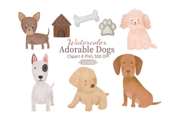 Watercolor cute dogs digital clipart set PNG for nursery decor sublimation prints and baby shower gifts