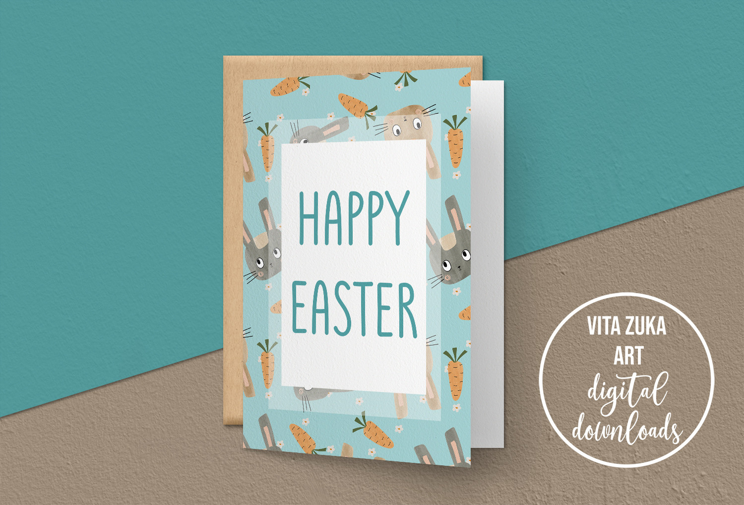 Cute Rabbit Happy Easter Card Graphic by Vita Zuka Art · Creative Fabrica
