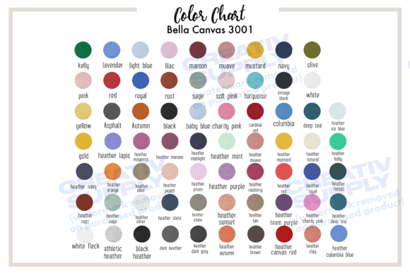 Bella Canvas 3001 Color Chart shirts