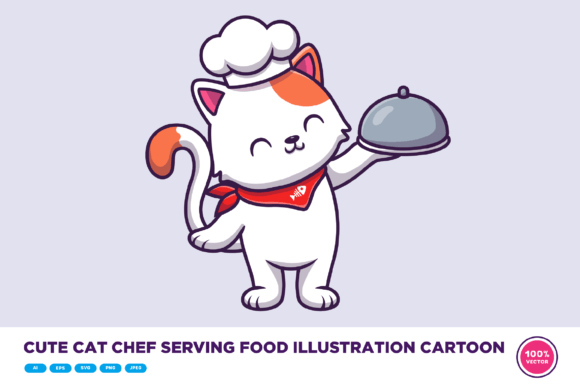Cute Cat Chef Serving Food Illustration