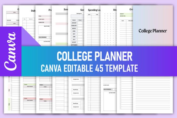 Editable College Planner for Canva with study assignment and academic tracking pages