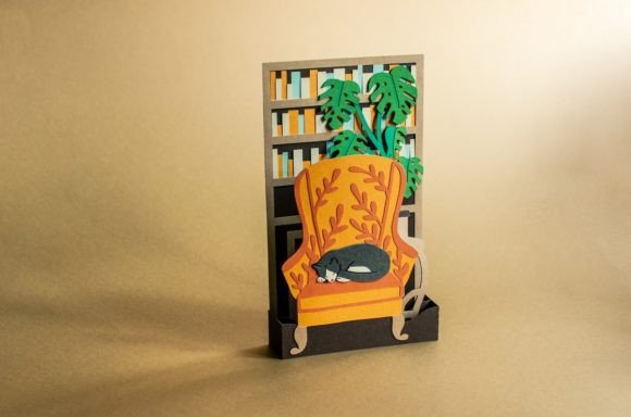 Sleeping Cat with Bookshelf Pop Up Box Card Ornaments 3D SVG Craft By 3D SVG Crafts