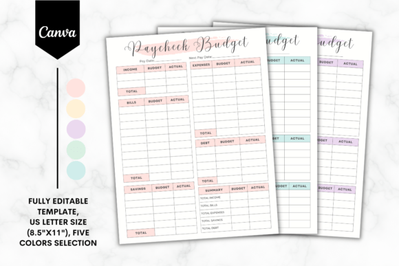 Custom paycheck budget template for Canva in US Letter format