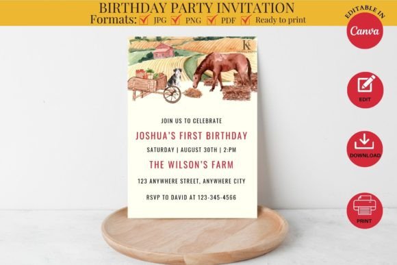Farm first birthday party invitation with a barnyard animal theme