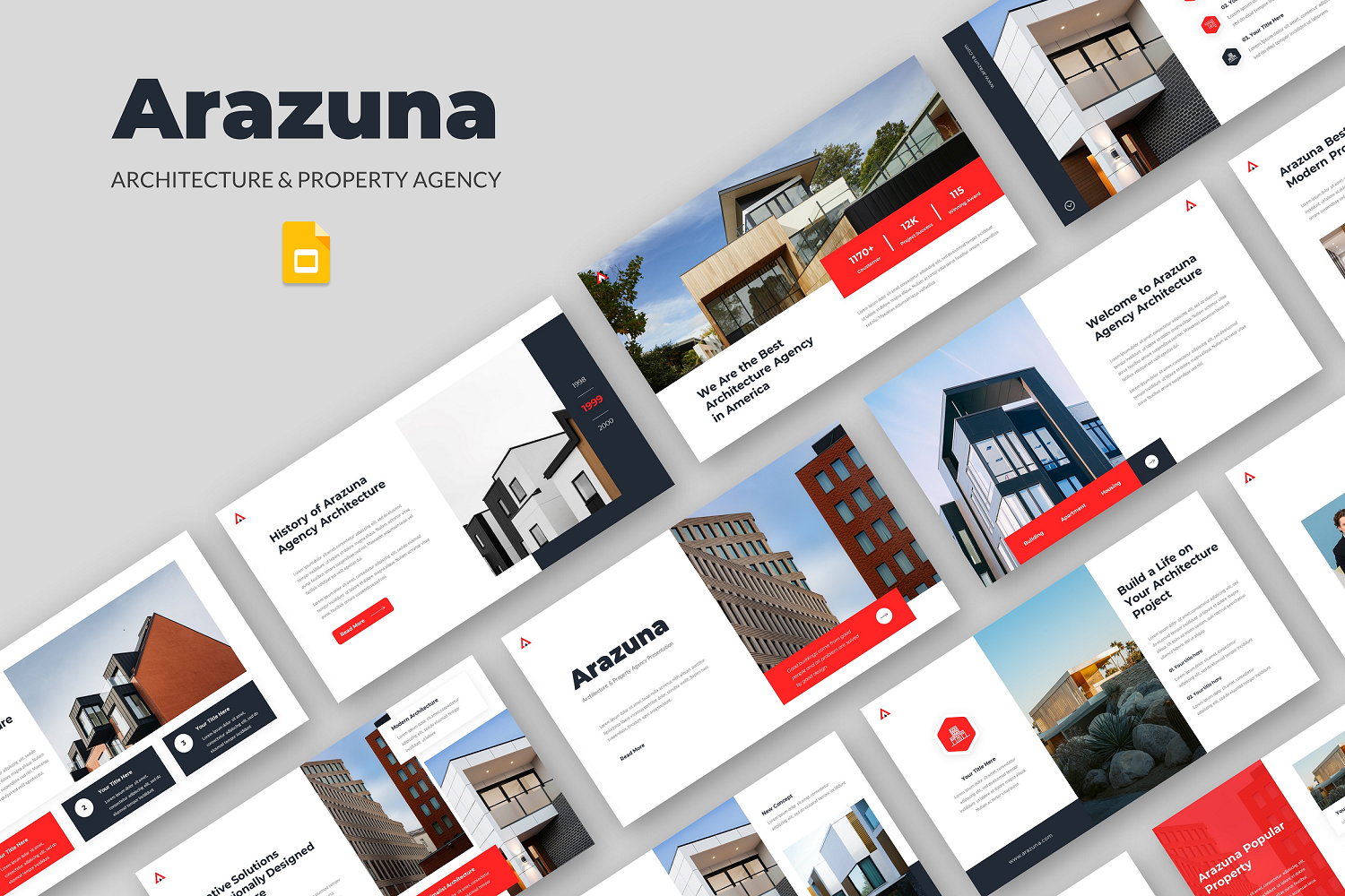 Presentación de Google Slides sobre Arquitectura de Arazuna y Agencia Inmobiliaria