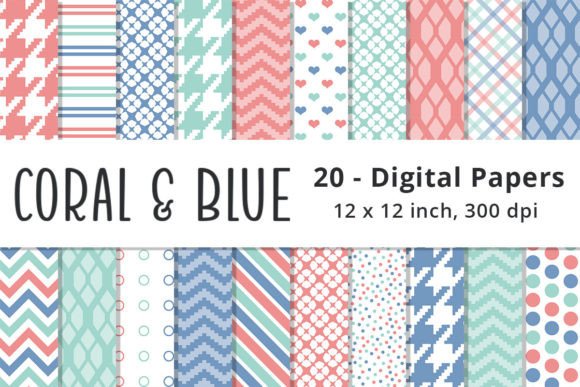 Coral, Blue and Mint Green Digital Paper