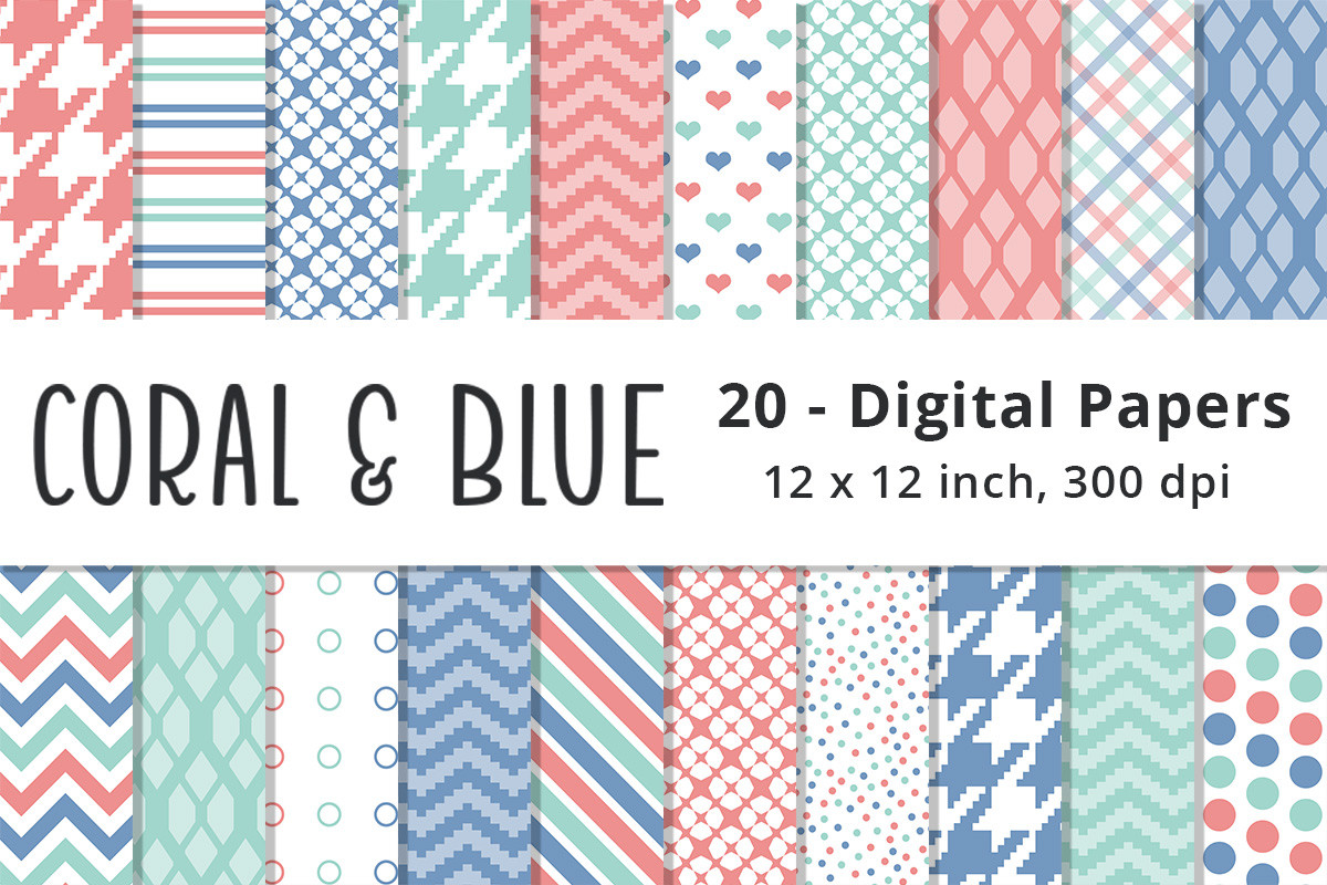 Coral, Blue and Mint Green Digital Paper