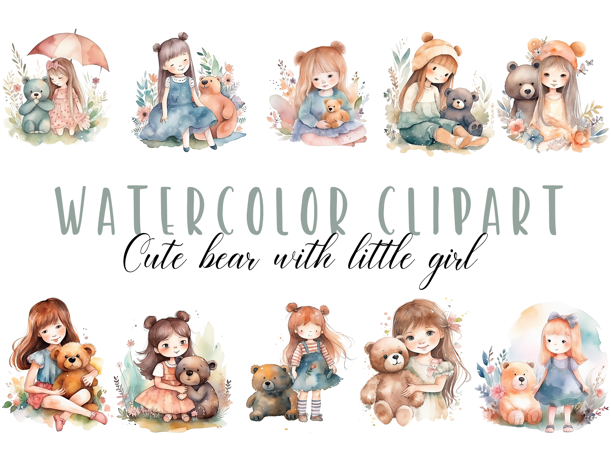 Watercolor Cute Bear with Little Girl Graphic by Color Me Beautiful ...