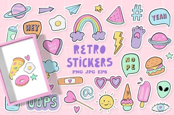 35 Retro Stickers Doodles - EPS PNG JPG