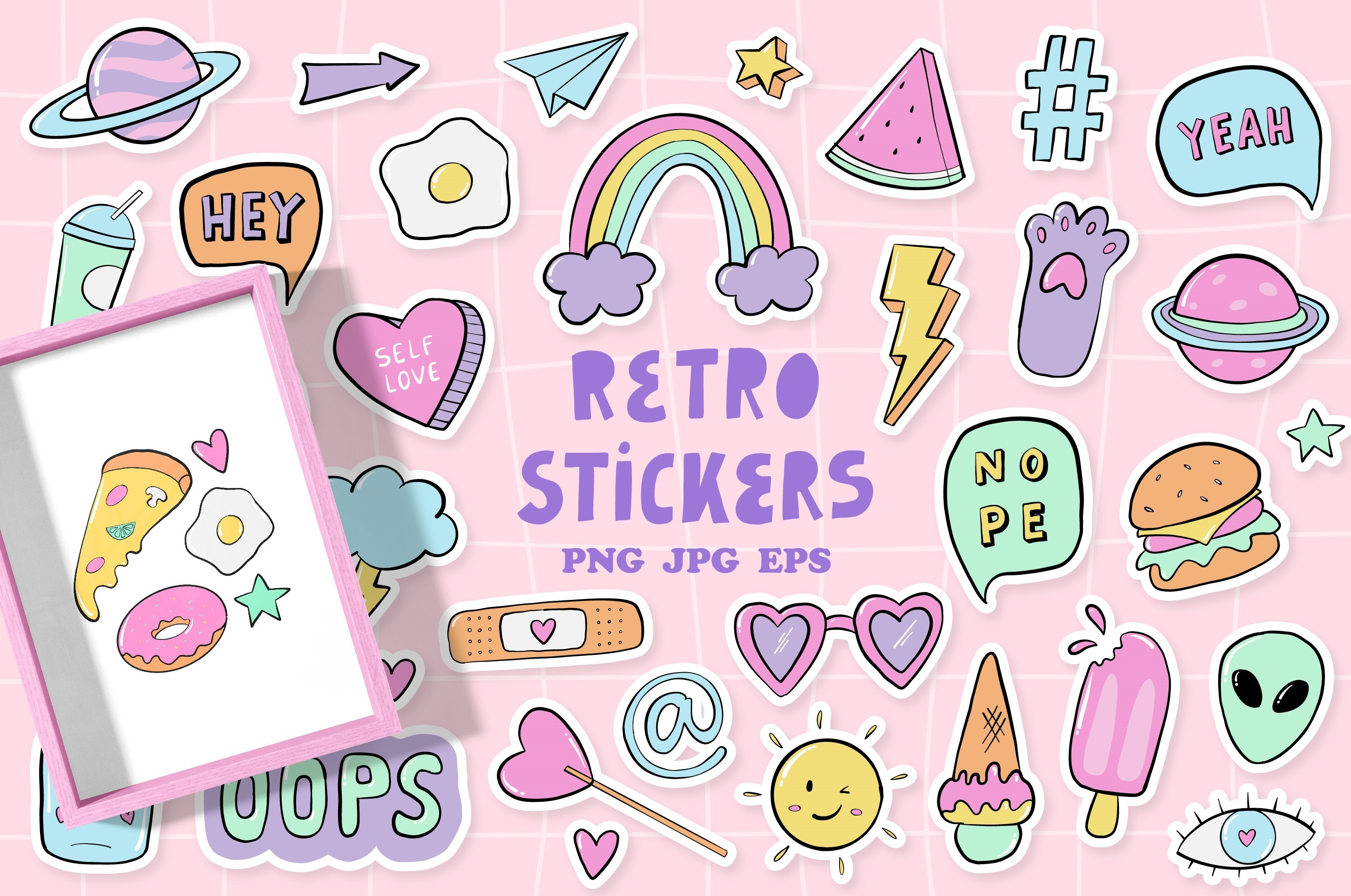 35 Retro Stickers Doodles - EPS PNG JPG