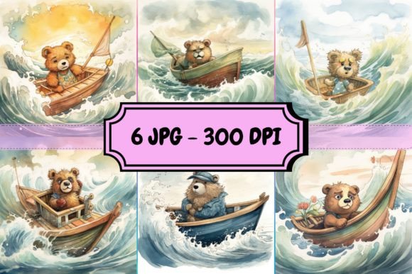 Watercolor Bear on a Boat Bundle Graphic by TNI House · Creative Fabrica