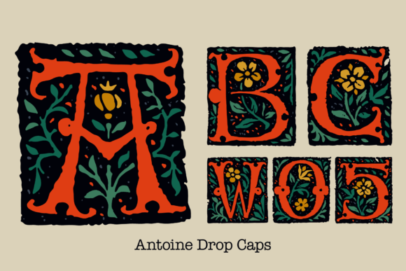Preview specimen of Antoine Drop Caps blackletter font