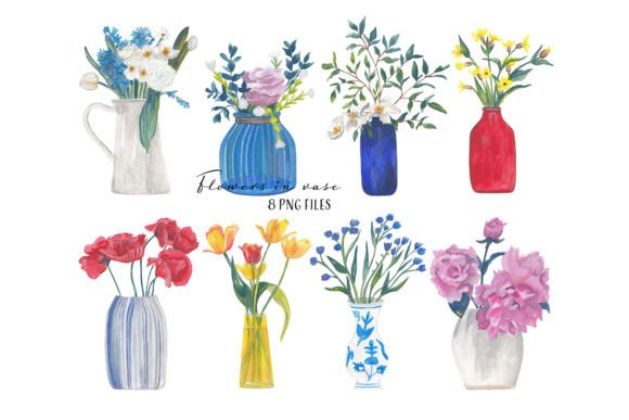 Flowers in Vase Gouache Painted Clipart Graphic Illustrations By Visual Animal