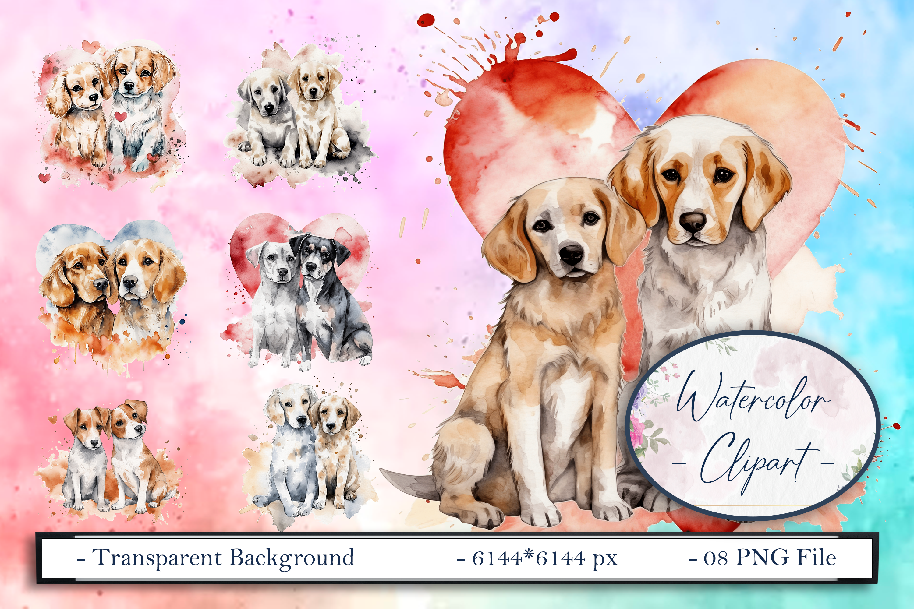 Puppy Dogs Couple Hearts Watercolor Png Graphic by pixelscreator ...