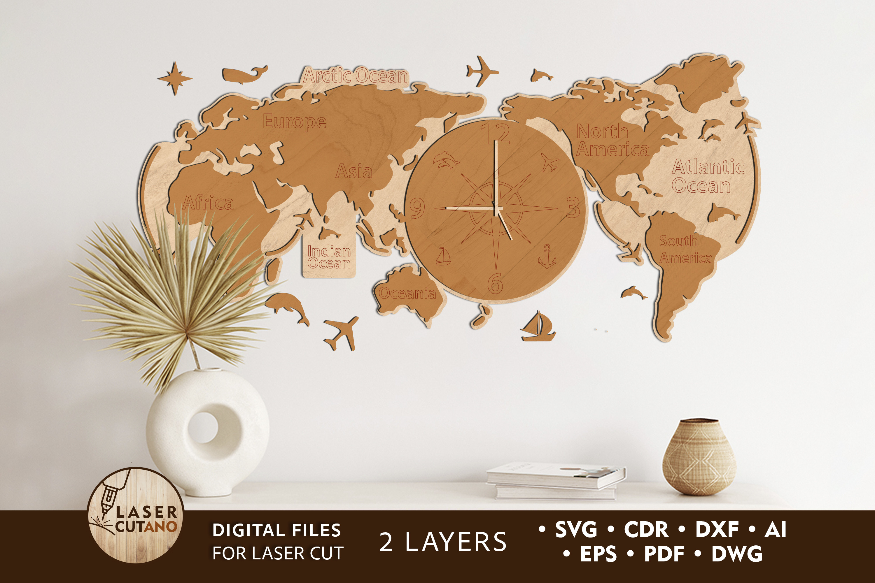 Clock World Map Wooden Wall Art · Creative Fabrica