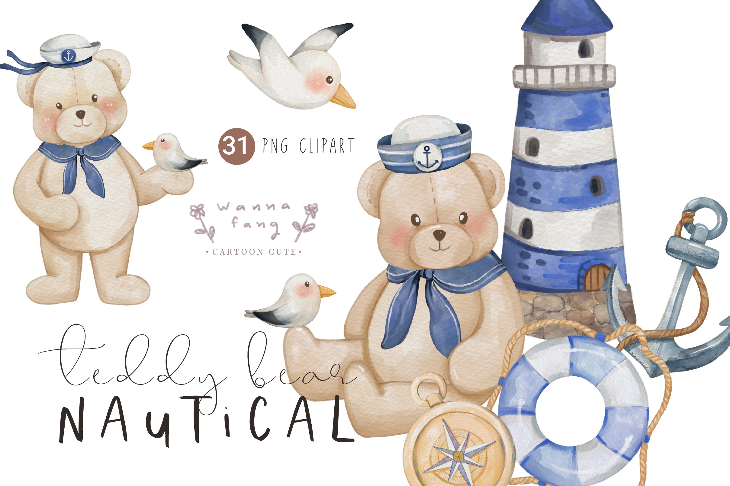 Bear Sailor Nautical Watercolor Clipart - photo 1