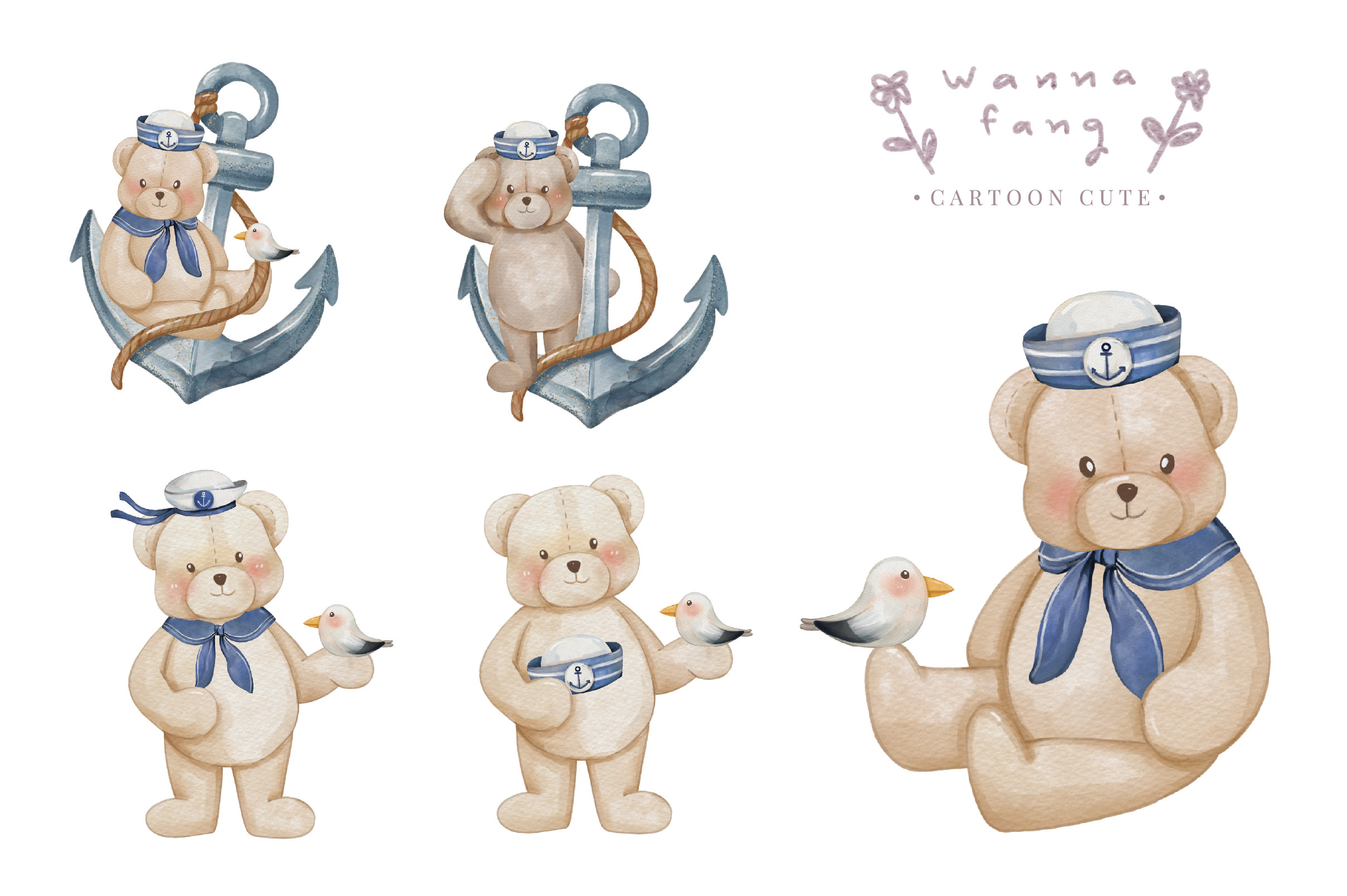 Bear Sailor Nautical Watercolor Clipart - photo 2