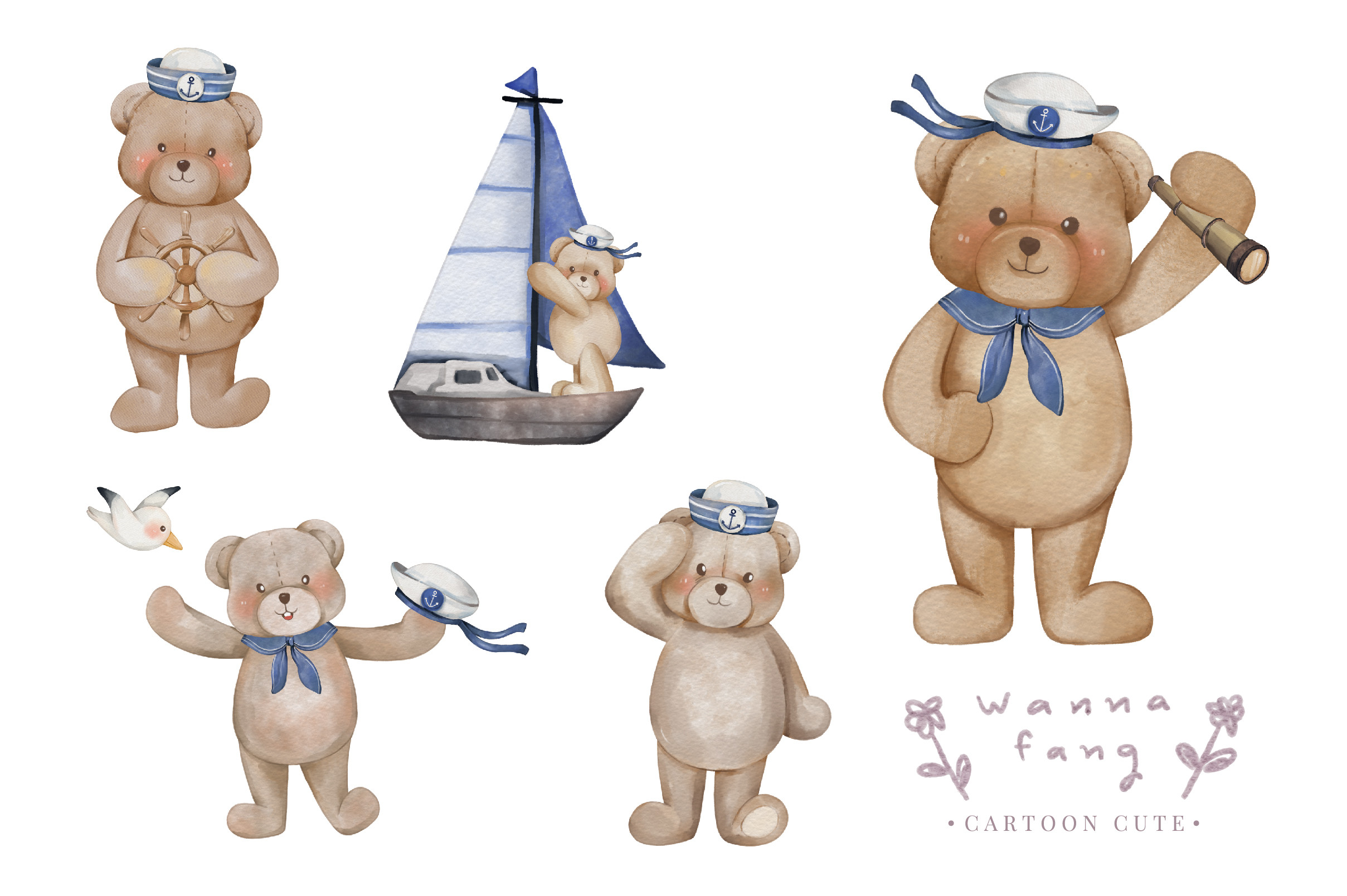 Bear Sailor Nautical Watercolor Clipart - photo 3