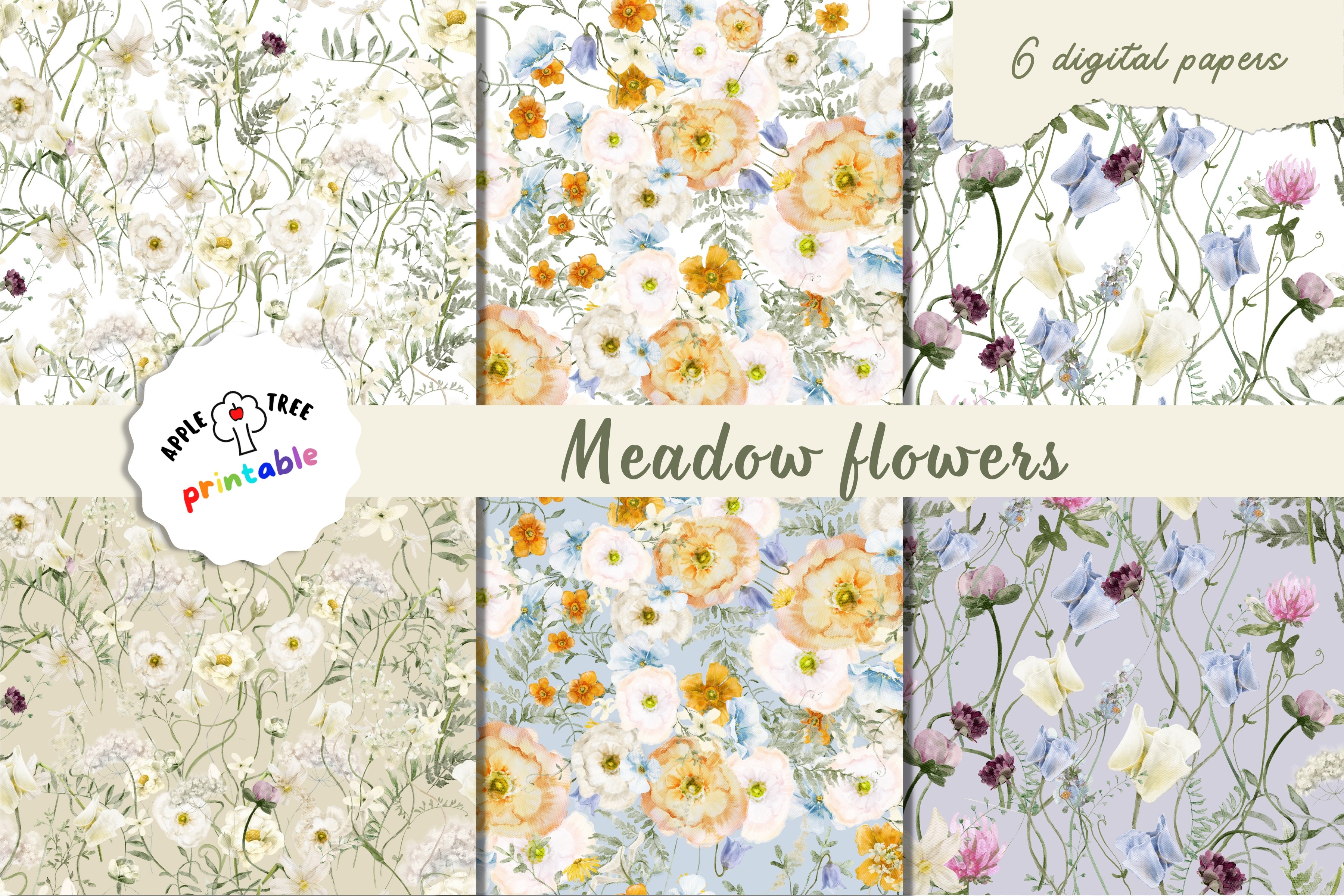 Meadow Flowers Digital Papers Graphic by Apple Tree Printable ...