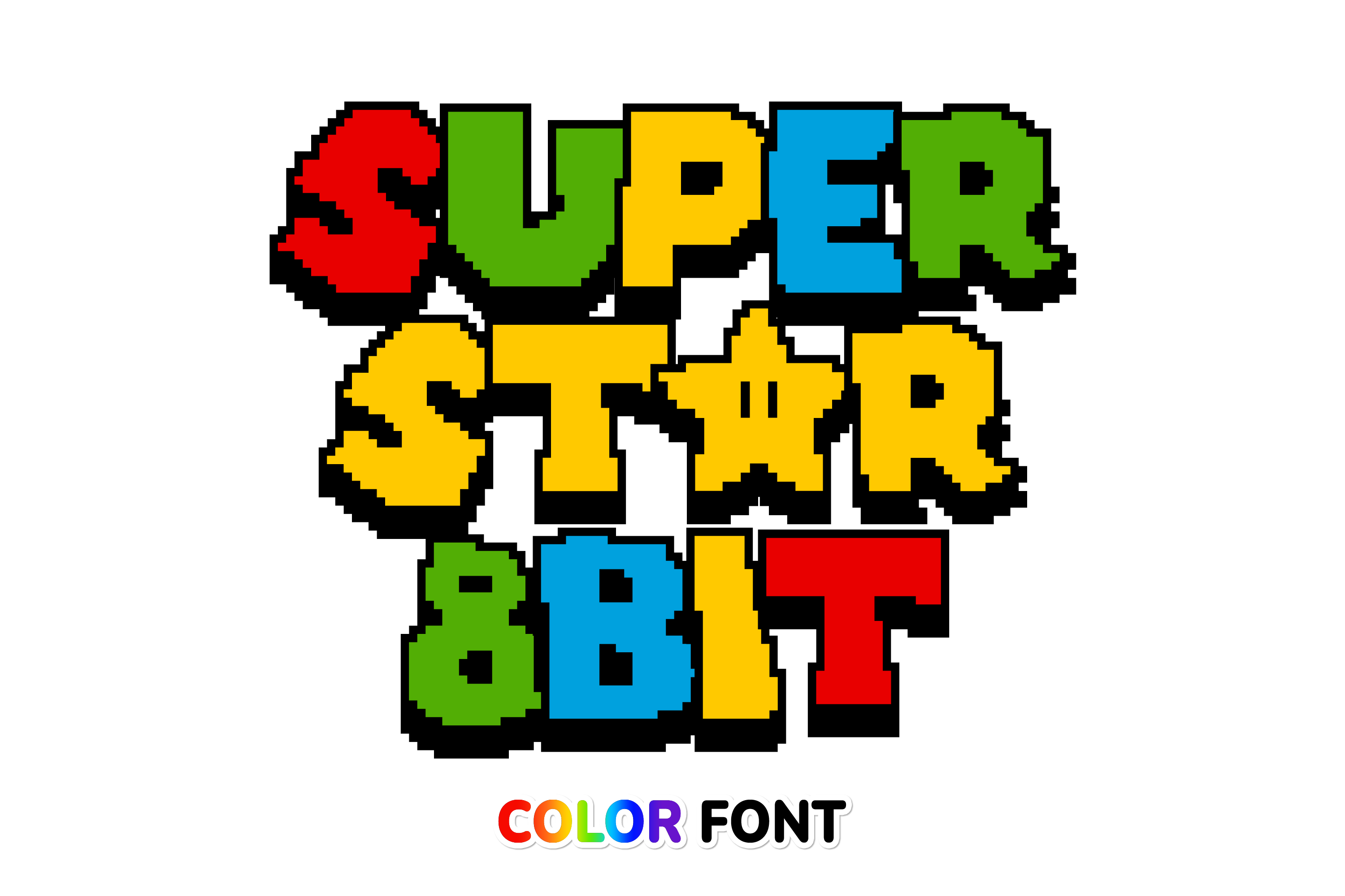 Superstar 8Bit preview, colorful OpenType-SVG pixel color font