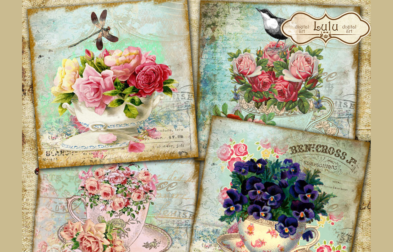 Tea Time Flowers [4 Coasters-Cards] Graphic by luludesignart · Creative ...