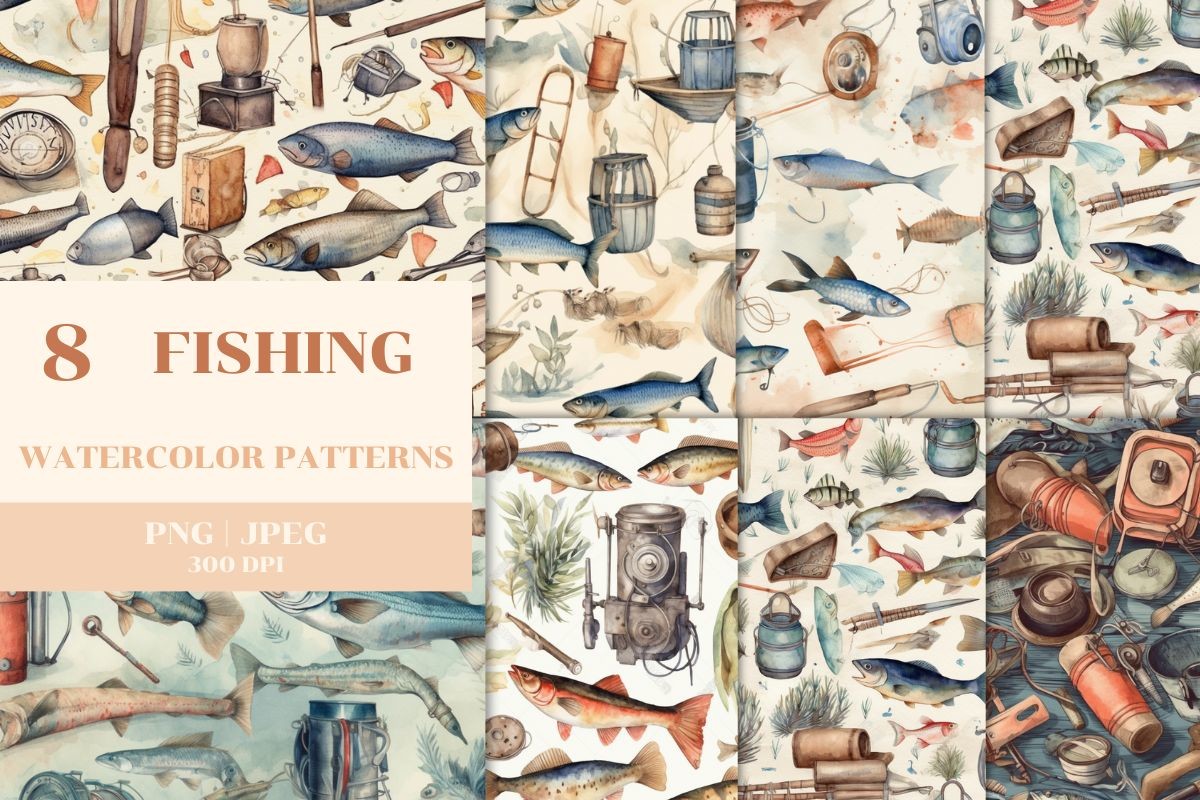 8 Watercolor Fishing Pattern Graphic by Brown Cupple Design · Creative ...