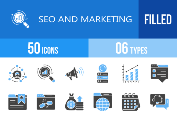 50 SEO and Marketing Blue & Black Icons