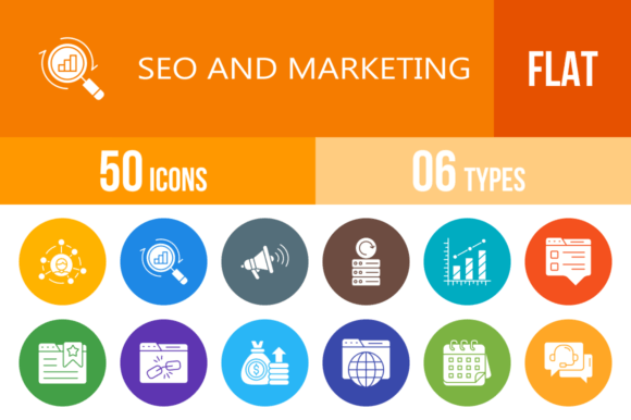 50 SEO and Marketing Flat Round Icons