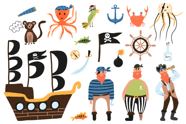 Pirate Vector Set. Set of Cute Pirates,