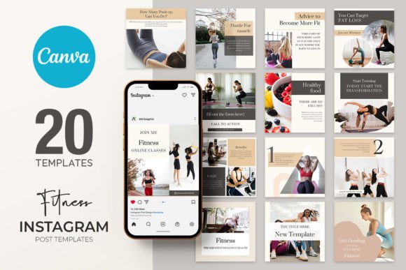 20 Fitness Instagram Templates CANVA - Digital