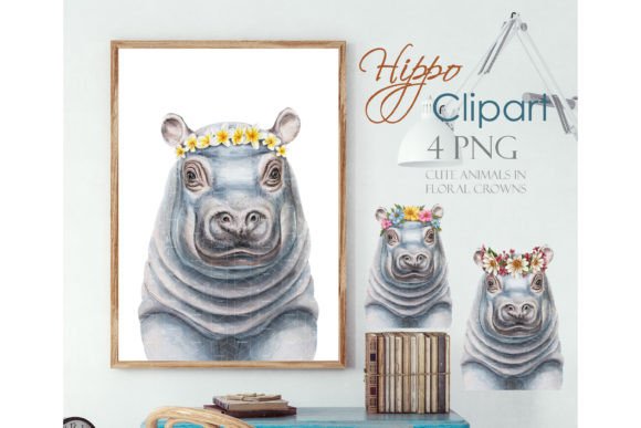 Baby Hippo in Floral Wreath Hippopotamus Graphic Illustrations By InnaKoteShop