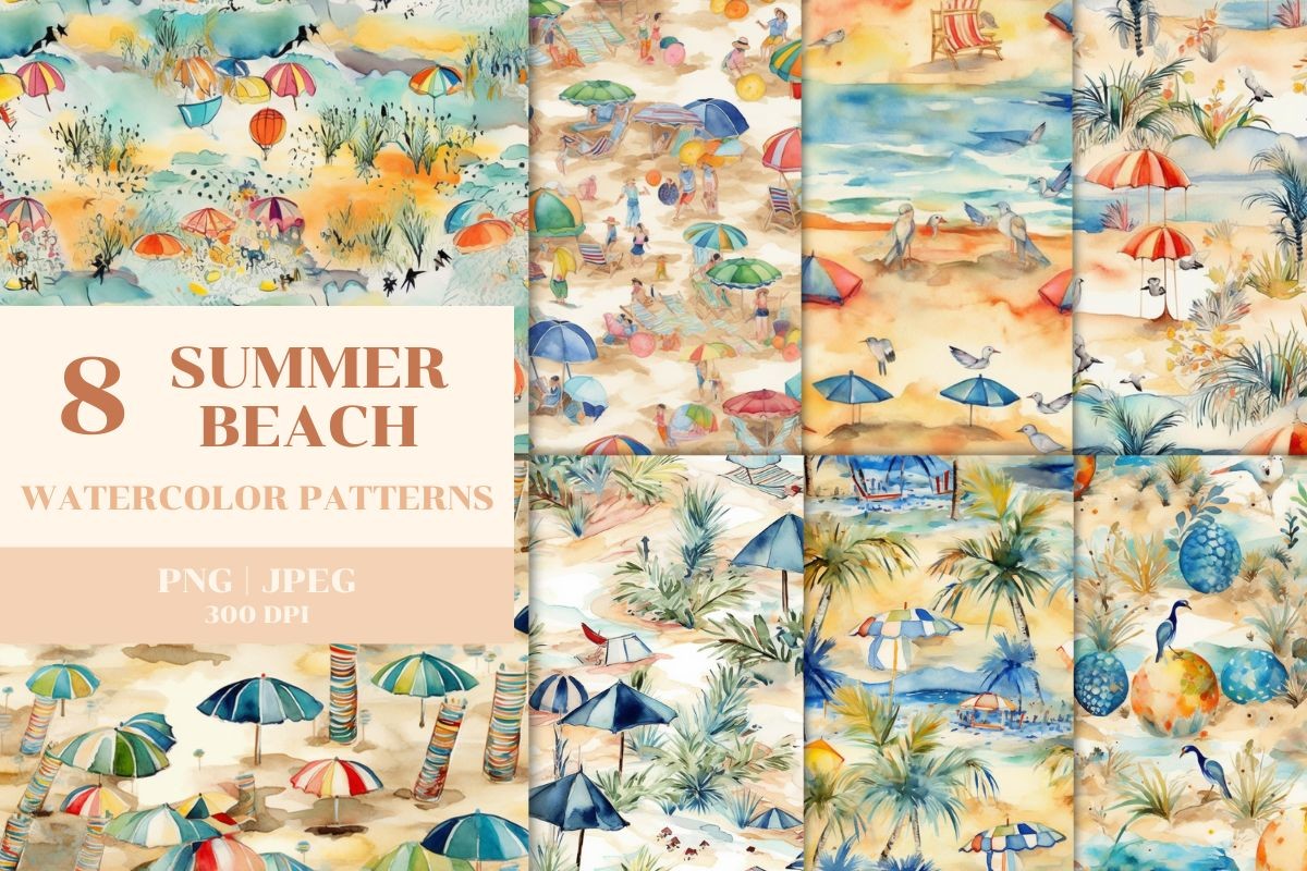 8 Summer Beach Patterns Watercolor Graphic by Brown Cupple Design ...