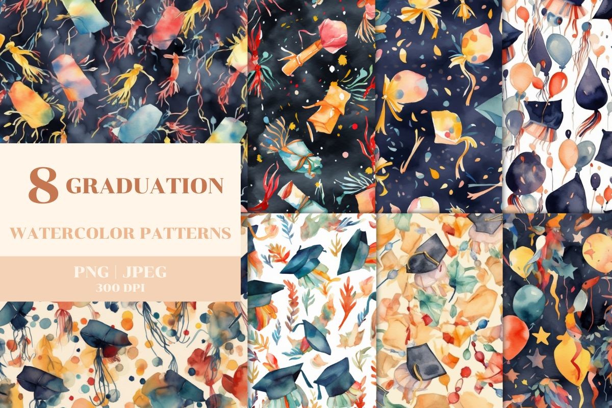 8 Watercolor Graduation Patterns Graphic by Brown Cupple Design ...