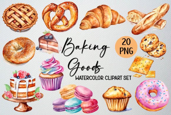Watercolor Baking Goods Clipart, 20 PNG