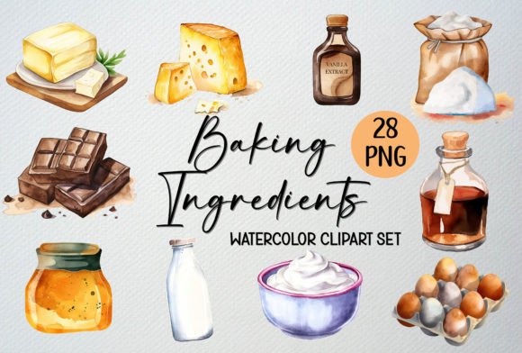 Watercolor Baking Ingredients, 28 PNG