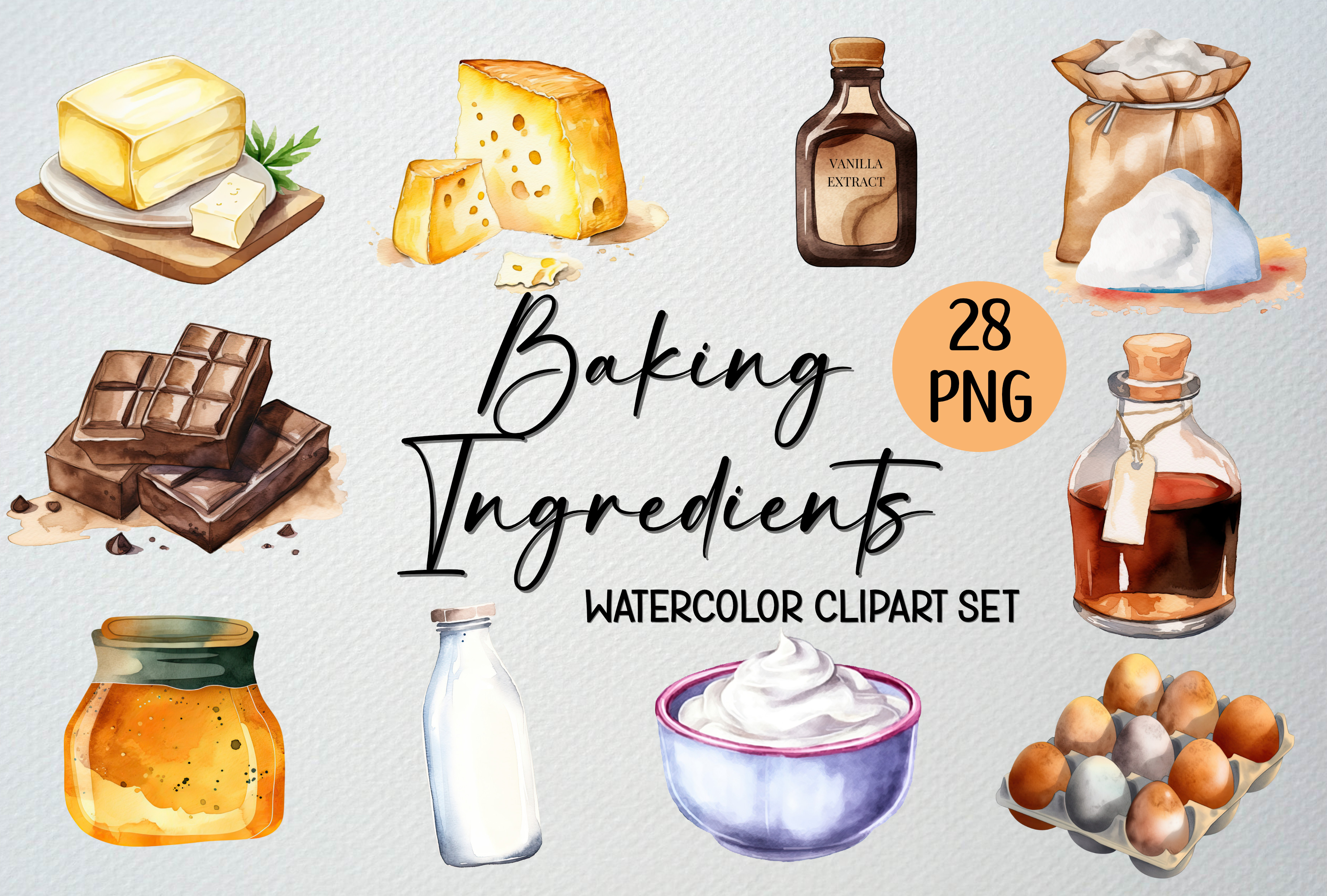 Watercolor Baking Ingredients, 28 PNG