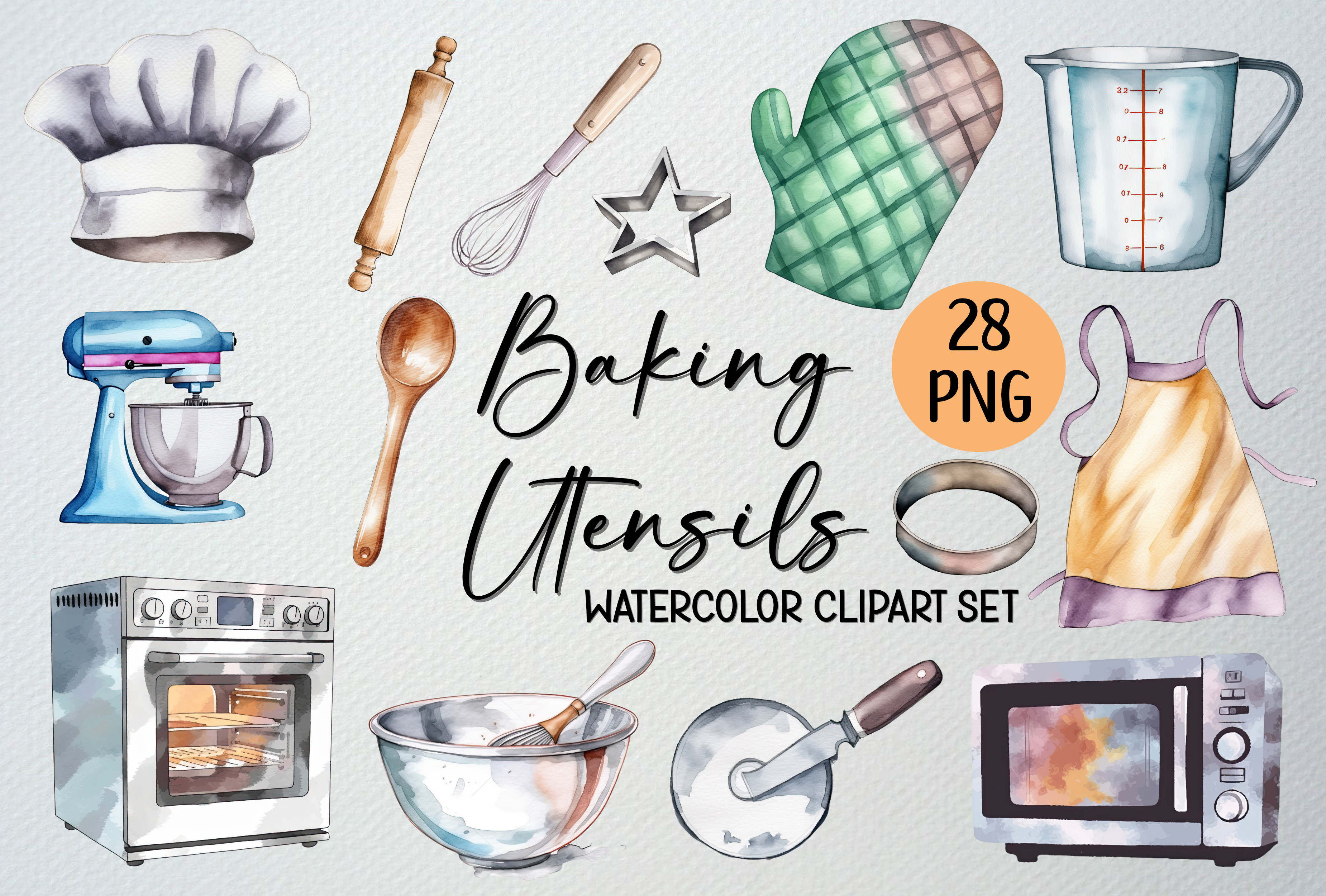 Watercolor Baking Utensils, 28 PNG