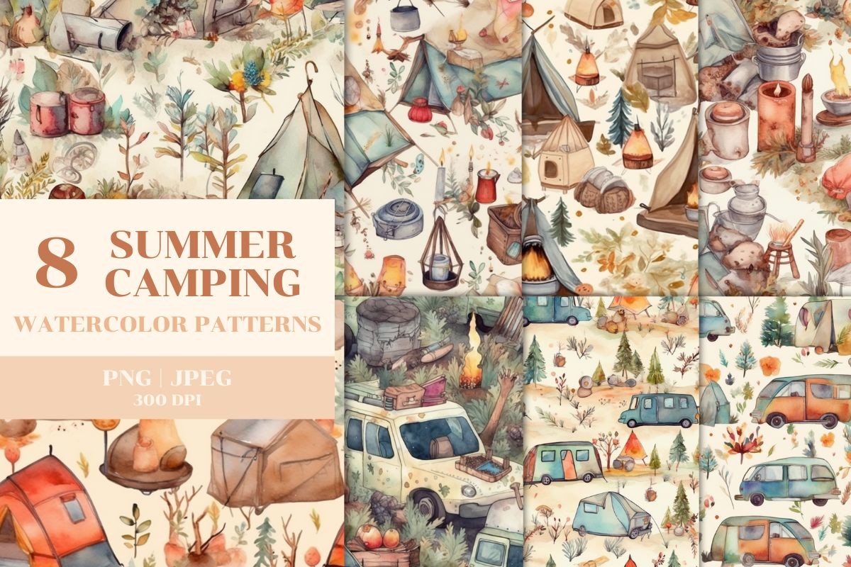 8 Watercolor Summer Camping Patterns Graphic by Brown Cupple Design ...