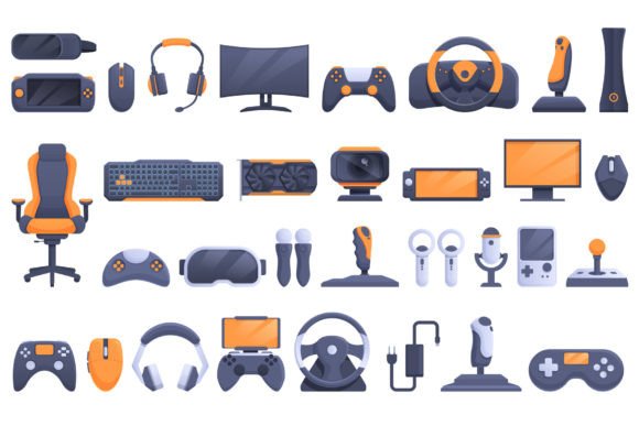 Game Accessories Icons Set Cartoon