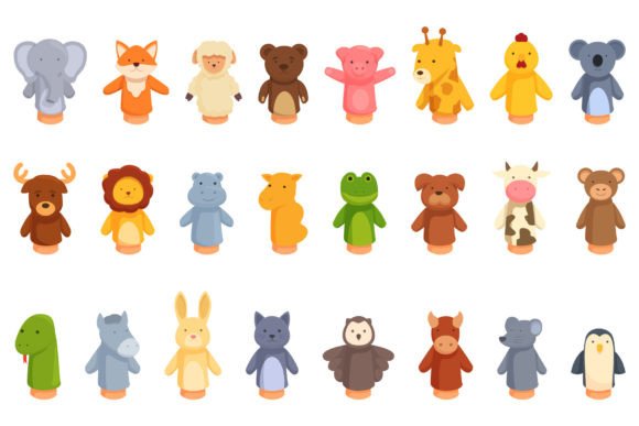 Hand Puppet Toys Icons Set Cartoon